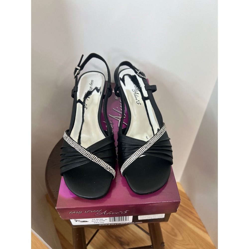 Easy Street Alive 5 Black Satin Rhinestone Slingback Kitten Heels Dance Size 8.5